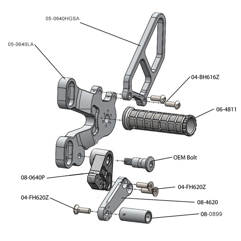 Ducati 848 2008-11, 1098 2007-09, 1198 2008-11, 848 EVO 2011-13 Rearset  w/Shifter Silver